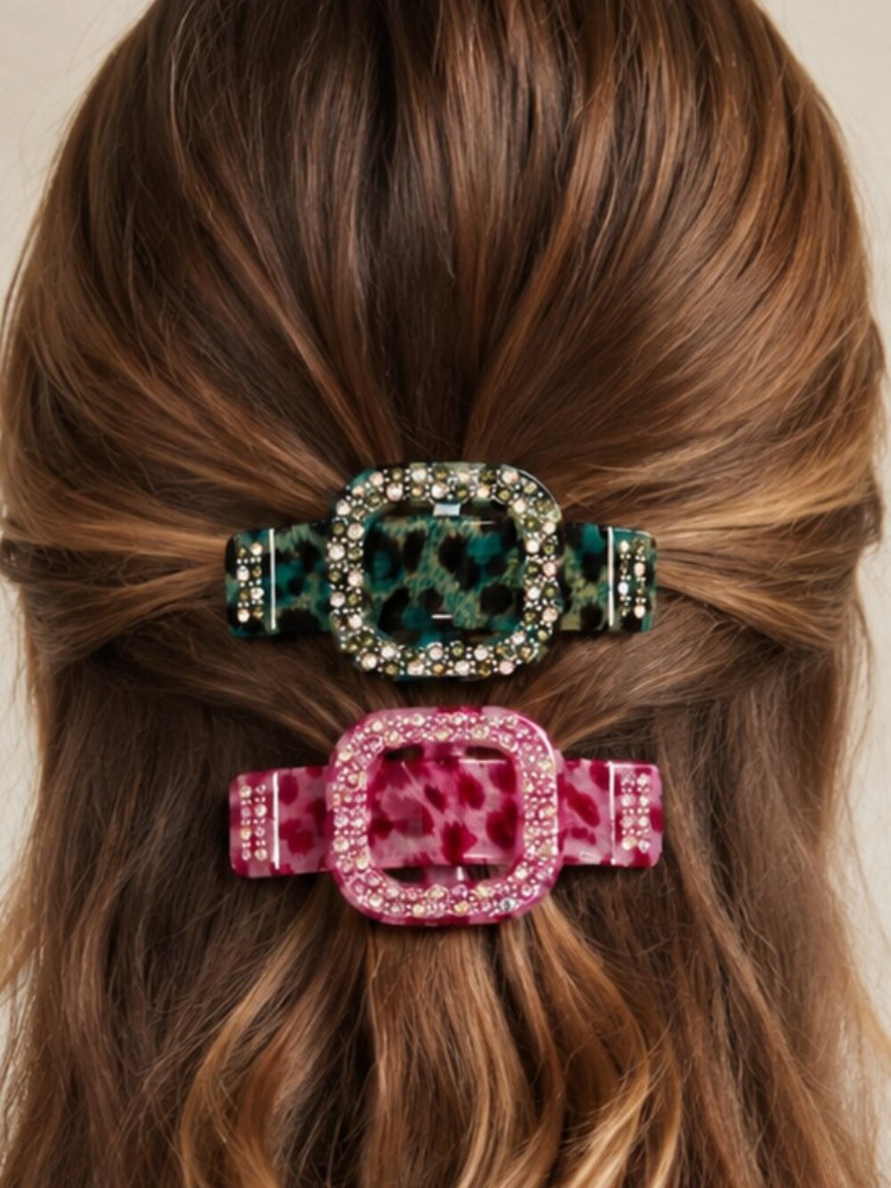 Green Rhinestone Buckle Leopard Print Resin Hair Barrette - Set of 2 - NEW